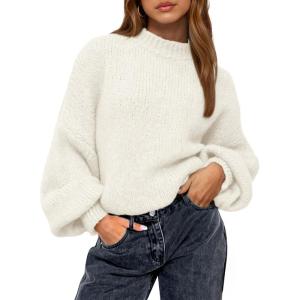 imageBTFBM Sweaters for Women Fall 2025 Crew Neck Lantern Long Sleeve Oversized Sweater Casual Knit Winter Pullover TopsWhite