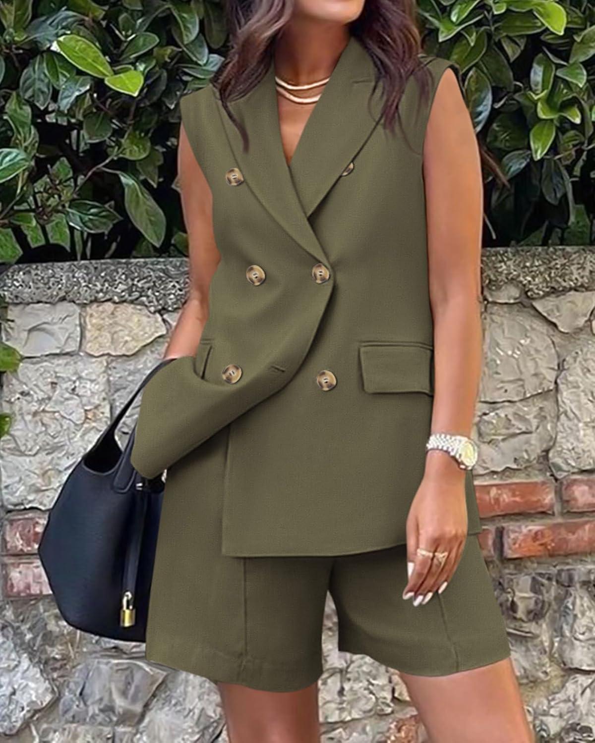 imageBTFBM 2 Piece Outfits For Women Summer 2025 Sleeveless Button Down Business Casual Vest Shorts Sets Work Clothes PocketsArmy Green