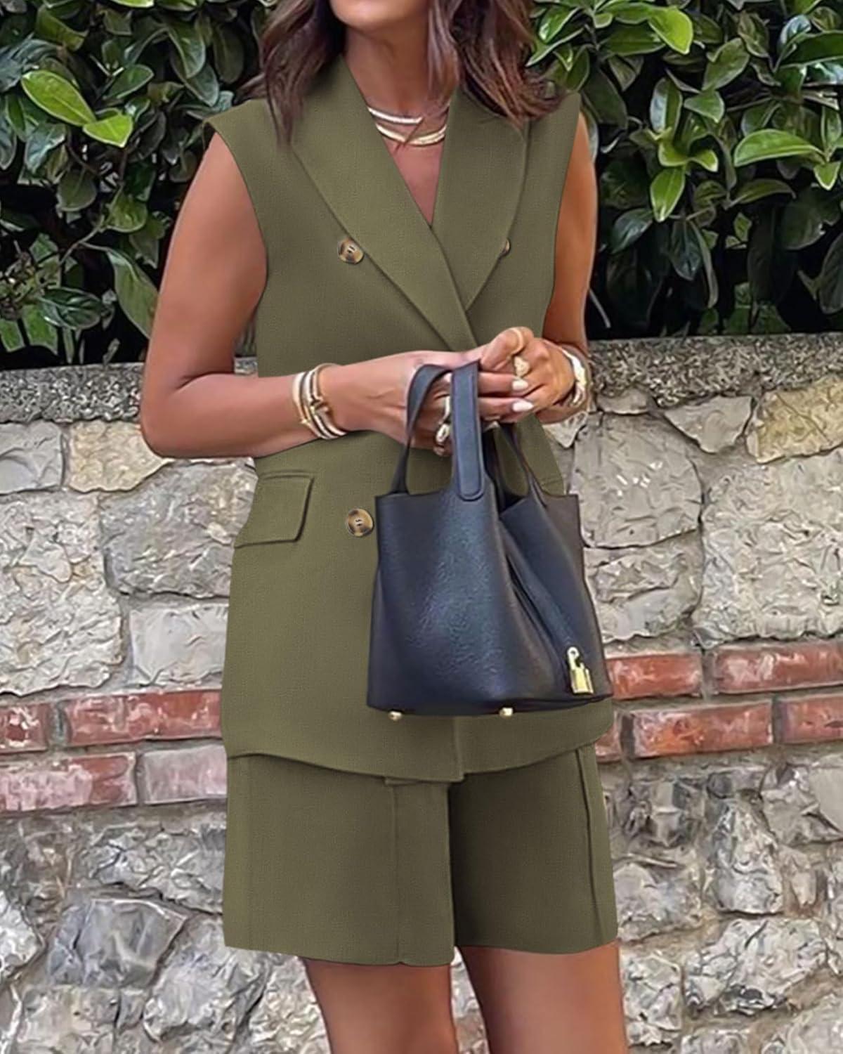 imageBTFBM 2 Piece Outfits For Women Summer 2025 Sleeveless Button Down Business Casual Vest Shorts Sets Work Clothes PocketsArmy Green