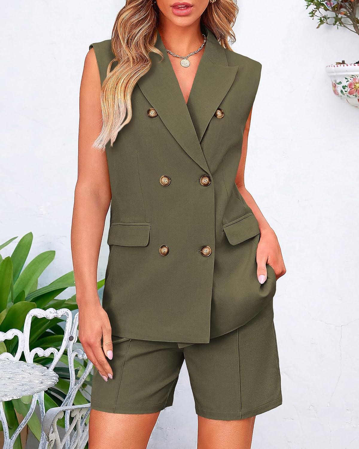 imageBTFBM 2 Piece Outfits For Women Summer 2025 Sleeveless Button Down Business Casual Vest Shorts Sets Work Clothes PocketsArmy Green
