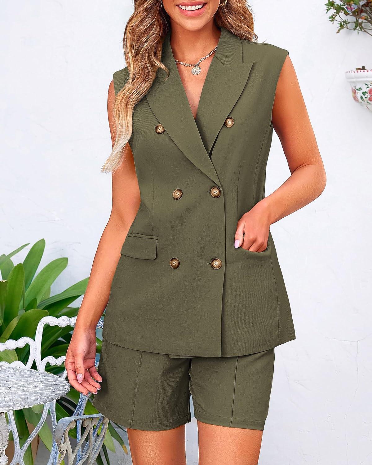 imageBTFBM 2 Piece Outfits For Women Summer 2025 Sleeveless Button Down Business Casual Vest Shorts Sets Work Clothes PocketsArmy Green