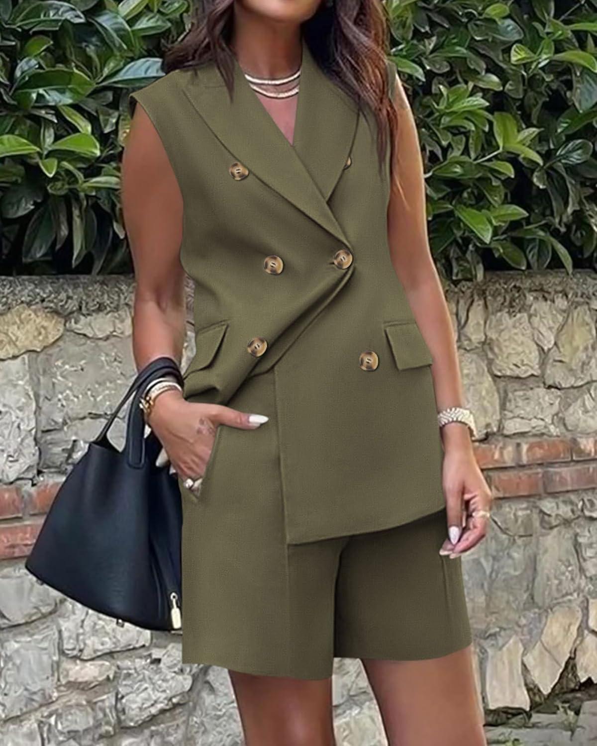 imageBTFBM 2 Piece Outfits For Women Summer 2025 Sleeveless Button Down Business Casual Vest Shorts Sets Work Clothes PocketsArmy Green