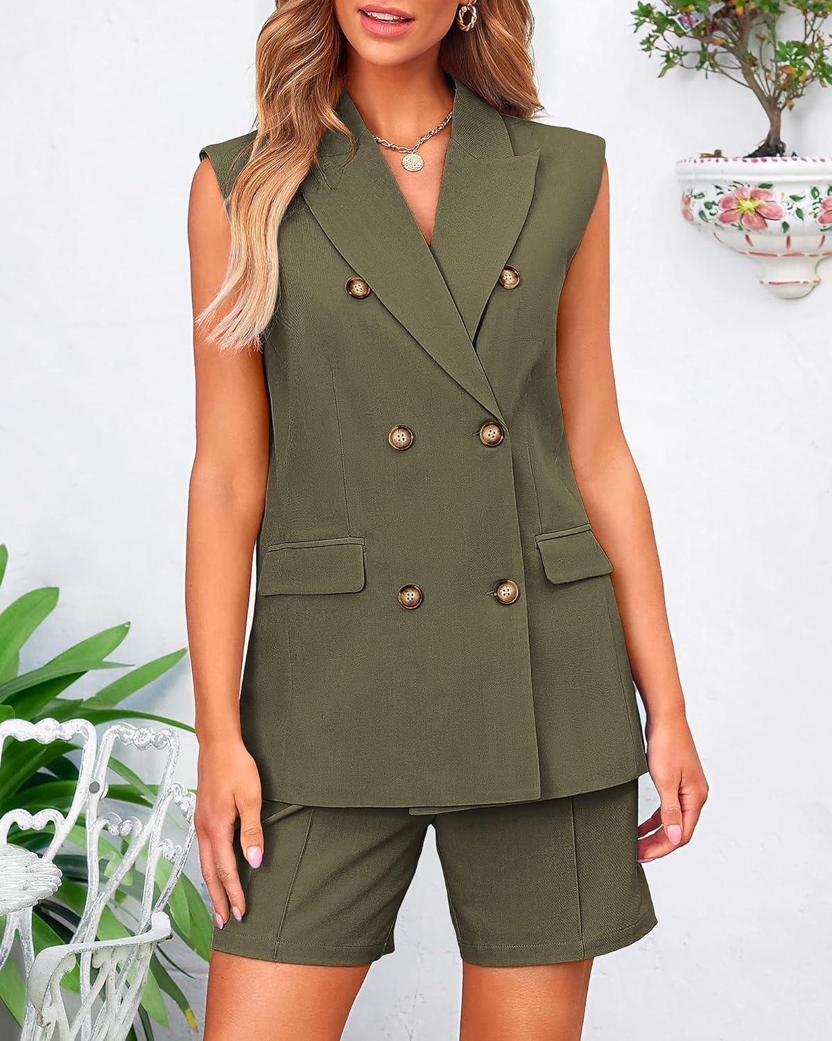 imageBTFBM 2 Piece Outfits For Women Summer 2025 Sleeveless Button Down Business Casual Vest Shorts Sets Work Clothes PocketsArmy Green