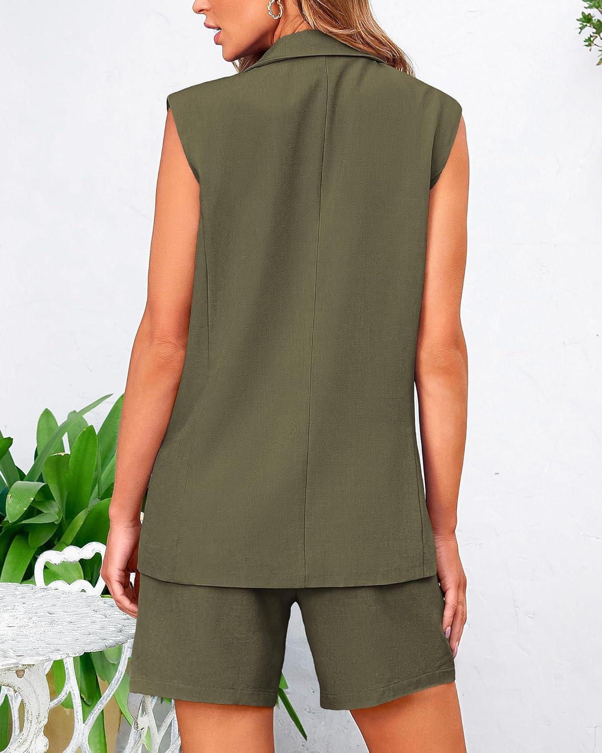 imageBTFBM 2 Piece Outfits For Women Summer 2025 Sleeveless Button Down Business Casual Vest Shorts Sets Work Clothes PocketsArmy Green