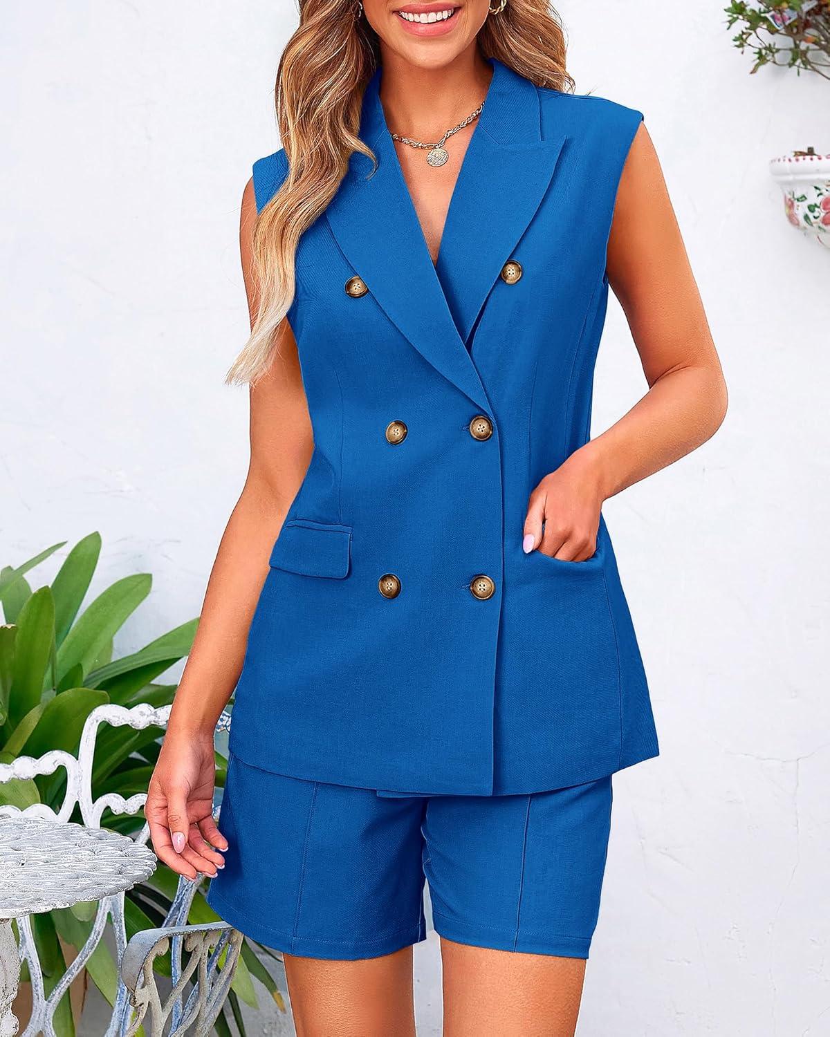 imageBTFBM 2 Piece Outfits For Women Summer 2025 Sleeveless Button Down Business Casual Vest Shorts Sets Work Clothes PocketsBaobl