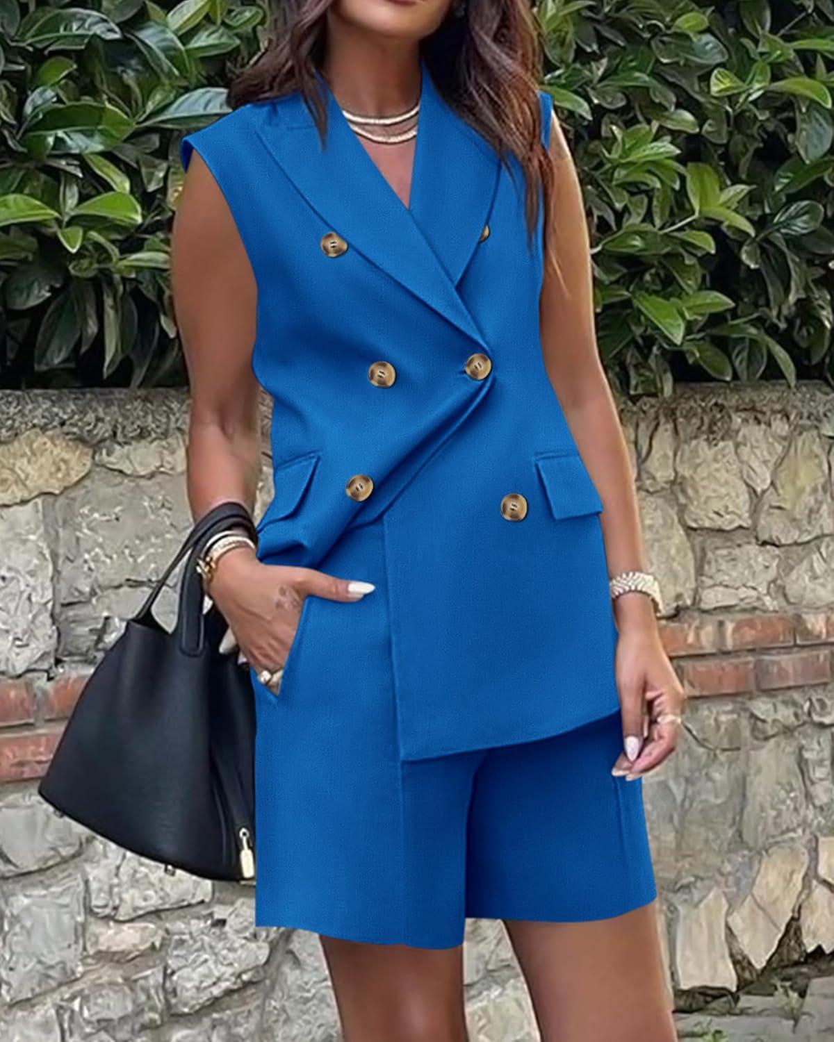 imageBTFBM 2 Piece Outfits For Women Summer 2025 Sleeveless Button Down Business Casual Vest Shorts Sets Work Clothes PocketsBaobl