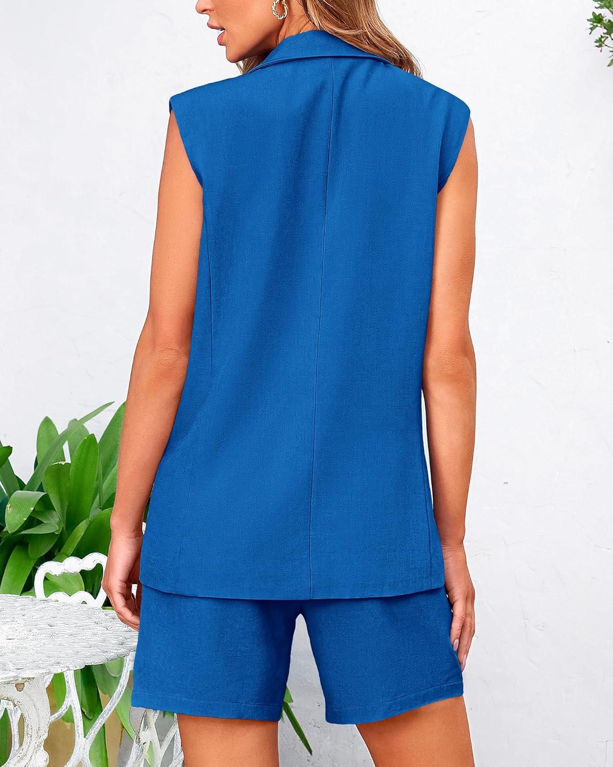 imageBTFBM 2 Piece Outfits For Women Summer 2025 Sleeveless Button Down Business Casual Vest Shorts Sets Work Clothes PocketsBaobl