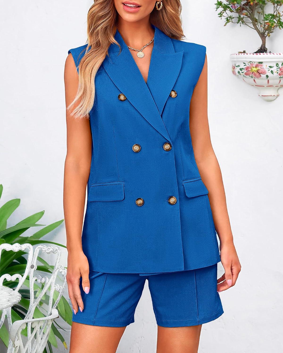 imageBTFBM 2 Piece Outfits For Women Summer 2025 Sleeveless Button Down Business Casual Vest Shorts Sets Work Clothes PocketsBaobl