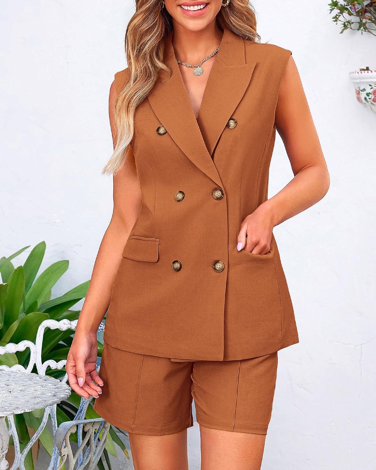 imageBTFBM 2 Piece Outfits For Women Summer 2025 Sleeveless Button Down Business Casual Vest Shorts Sets Work Clothes PocketsBrick Red