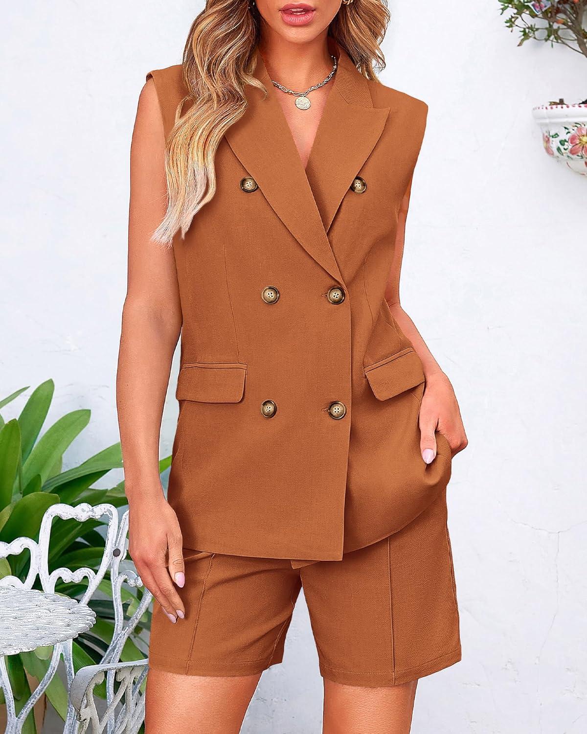 imageBTFBM 2 Piece Outfits For Women Summer 2025 Sleeveless Button Down Business Casual Vest Shorts Sets Work Clothes PocketsBrick Red