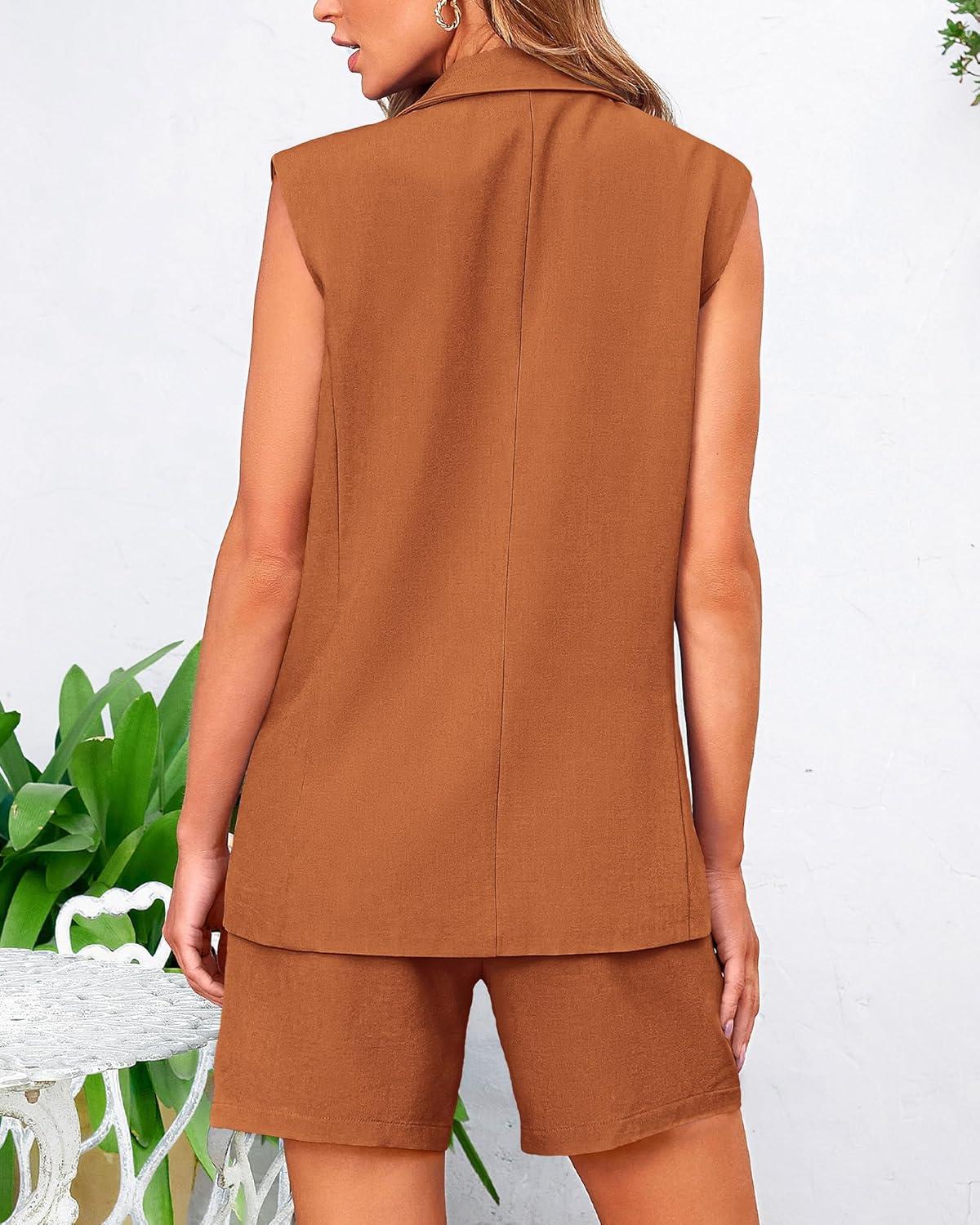 imageBTFBM 2 Piece Outfits For Women Summer 2025 Sleeveless Button Down Business Casual Vest Shorts Sets Work Clothes PocketsBrick Red