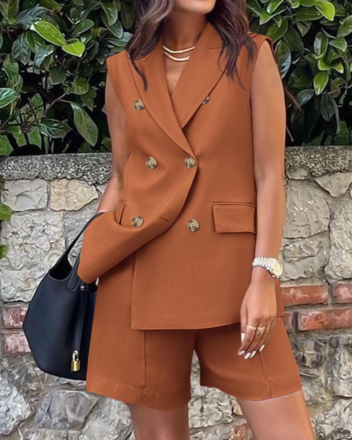 imageBTFBM 2 Piece Outfits For Women Summer 2025 Sleeveless Button Down Business Casual Vest Shorts Sets Work Clothes PocketsBrick Red
