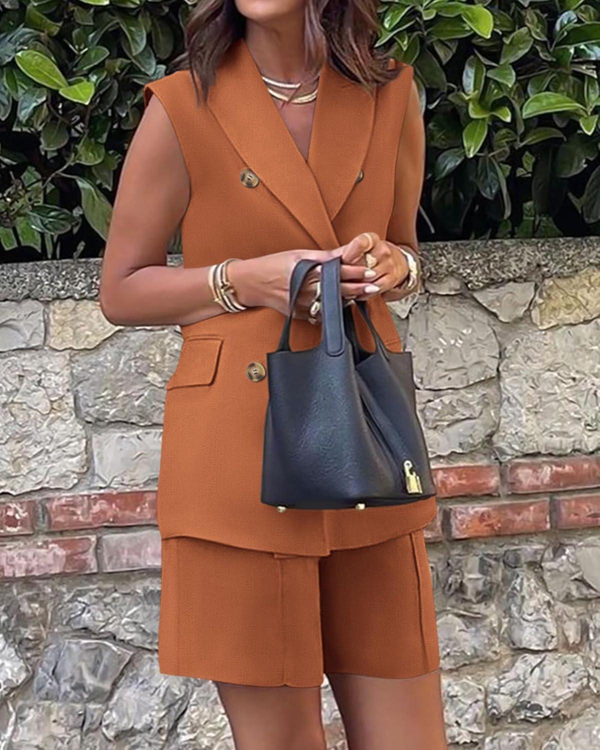 imageBTFBM 2 Piece Outfits For Women Summer 2025 Sleeveless Button Down Business Casual Vest Shorts Sets Work Clothes PocketsBrick Red