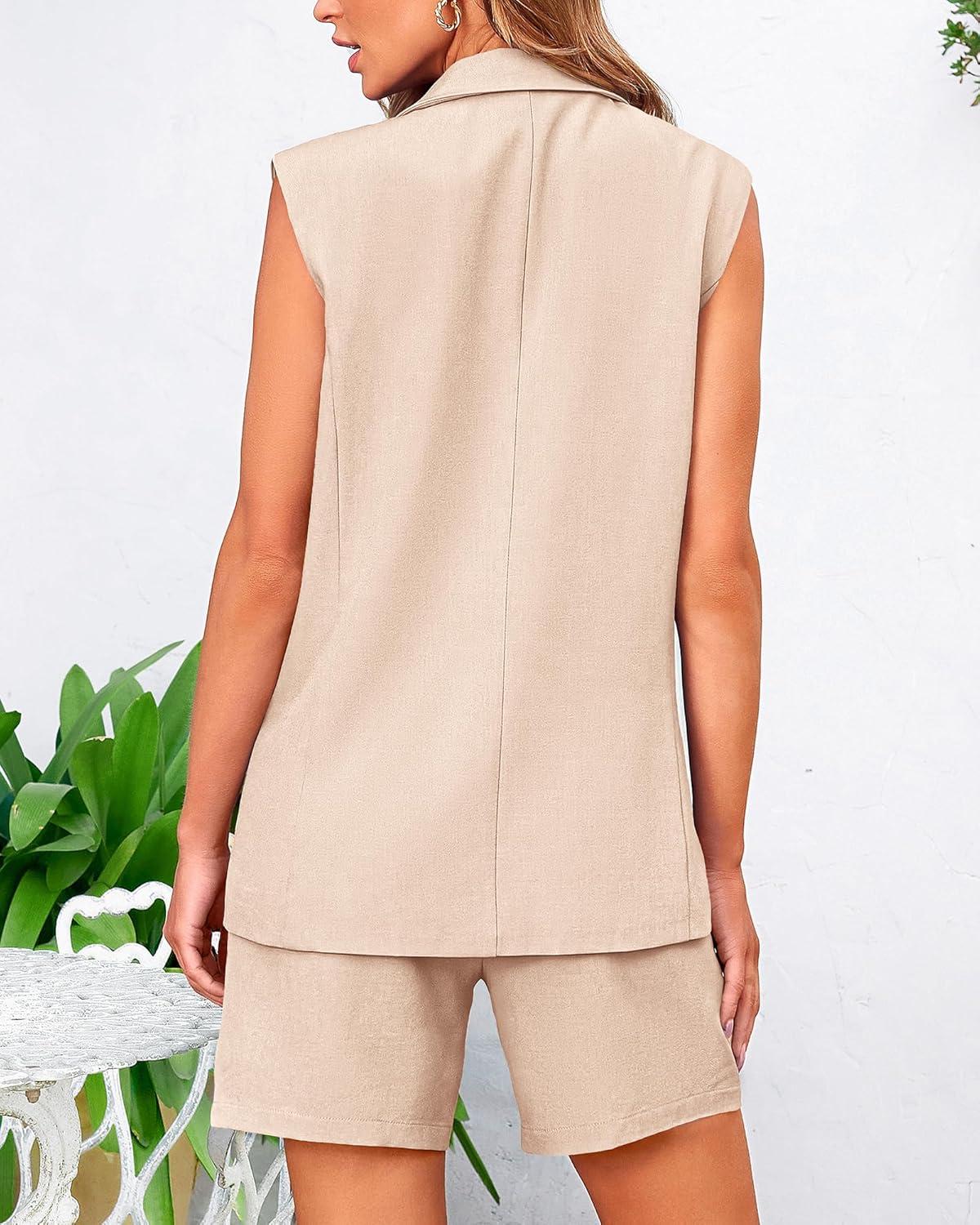 imageBTFBM 2 Piece Outfits For Women Summer 2025 Sleeveless Button Down Business Casual Vest Shorts Sets Work Clothes PocketsLight Khaki
