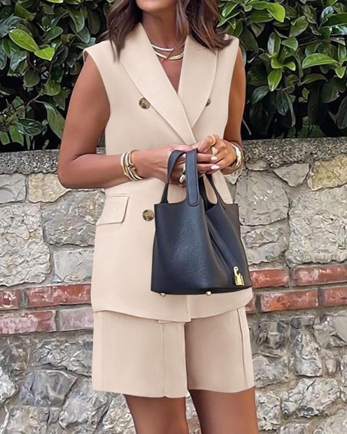 imageBTFBM 2 Piece Outfits For Women Summer 2025 Sleeveless Button Down Business Casual Vest Shorts Sets Work Clothes PocketsLight Khaki