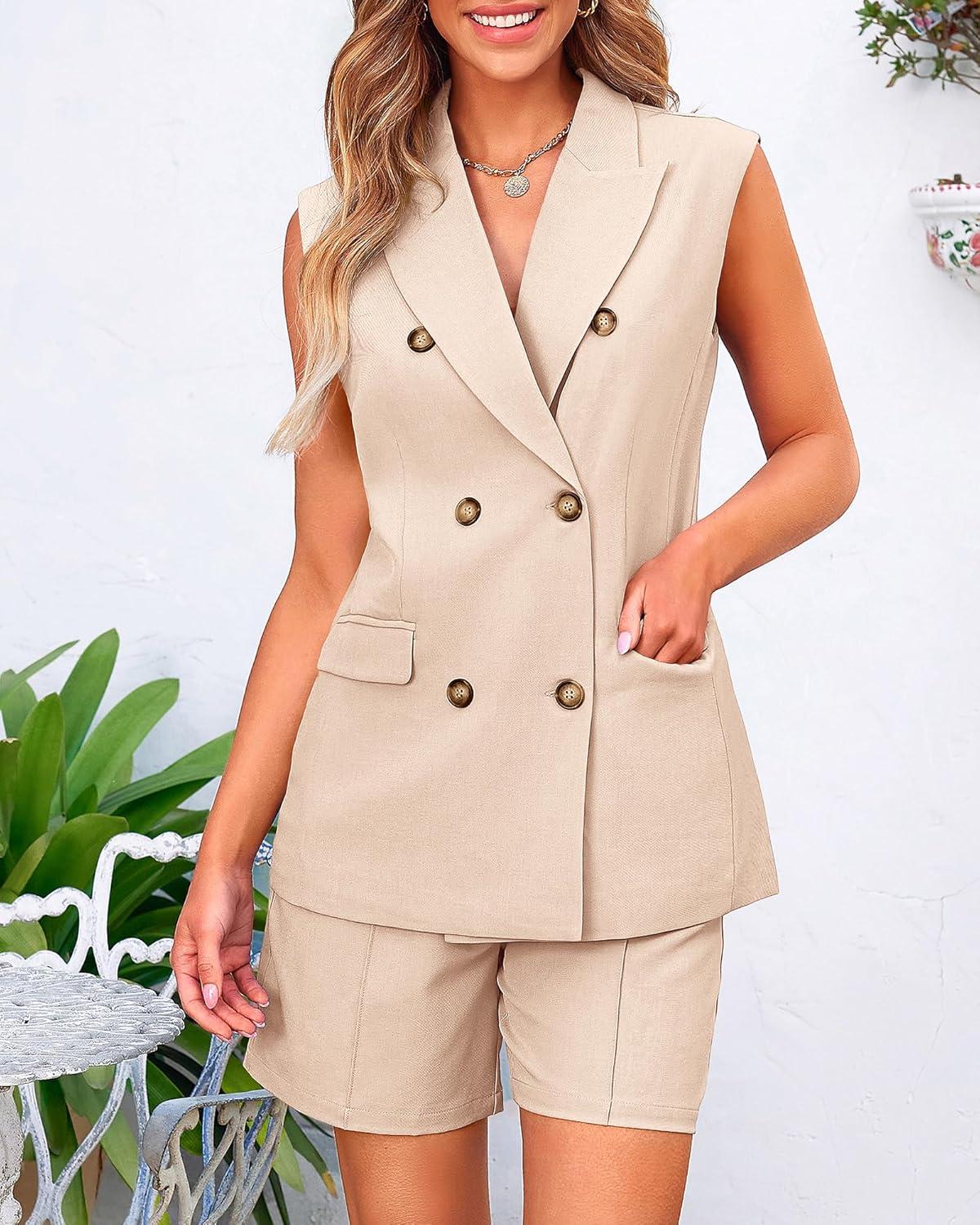 imageBTFBM 2 Piece Outfits For Women Summer 2025 Sleeveless Button Down Business Casual Vest Shorts Sets Work Clothes PocketsLight Khaki