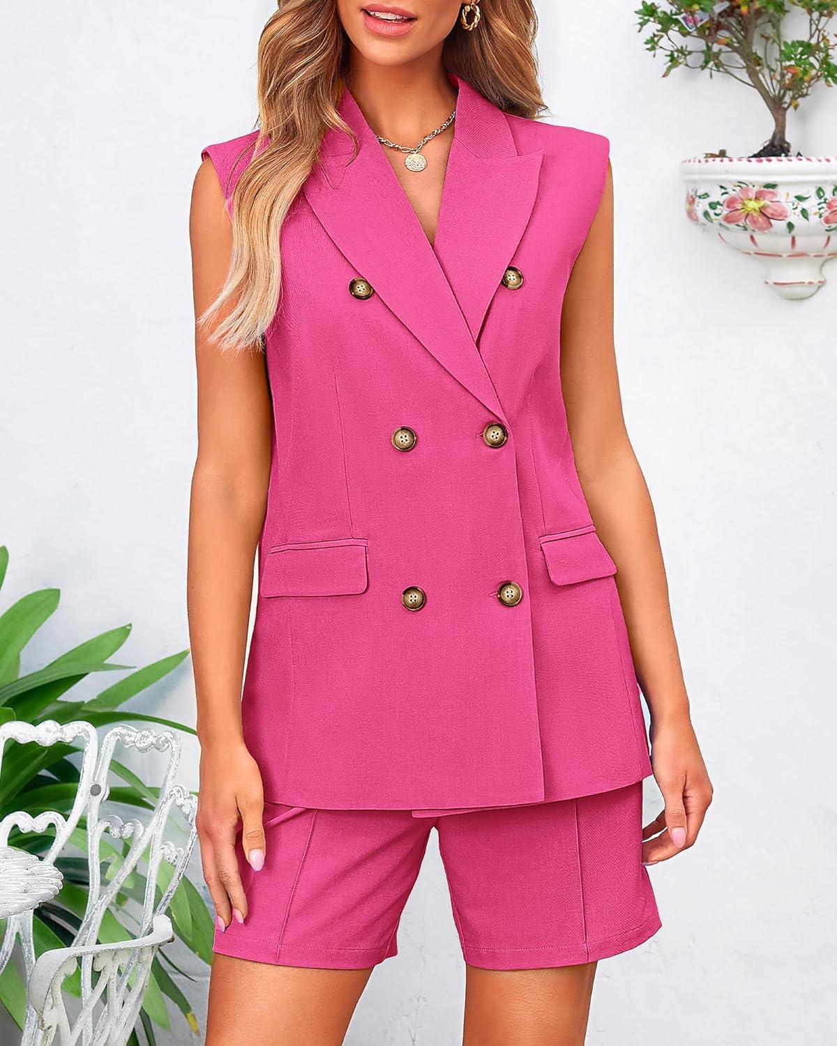 imageBTFBM 2 Piece Outfits For Women Summer 2025 Sleeveless Button Down Business Casual Vest Shorts Sets Work Clothes PocketsRose Red
