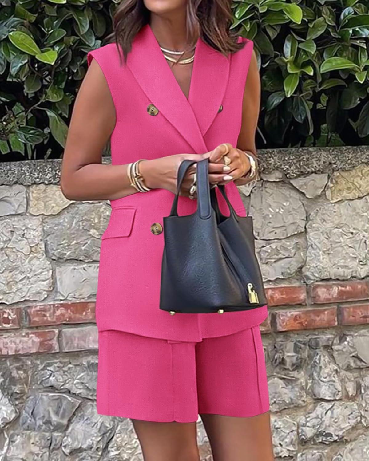 imageBTFBM 2 Piece Outfits For Women Summer 2025 Sleeveless Button Down Business Casual Vest Shorts Sets Work Clothes PocketsRose Red