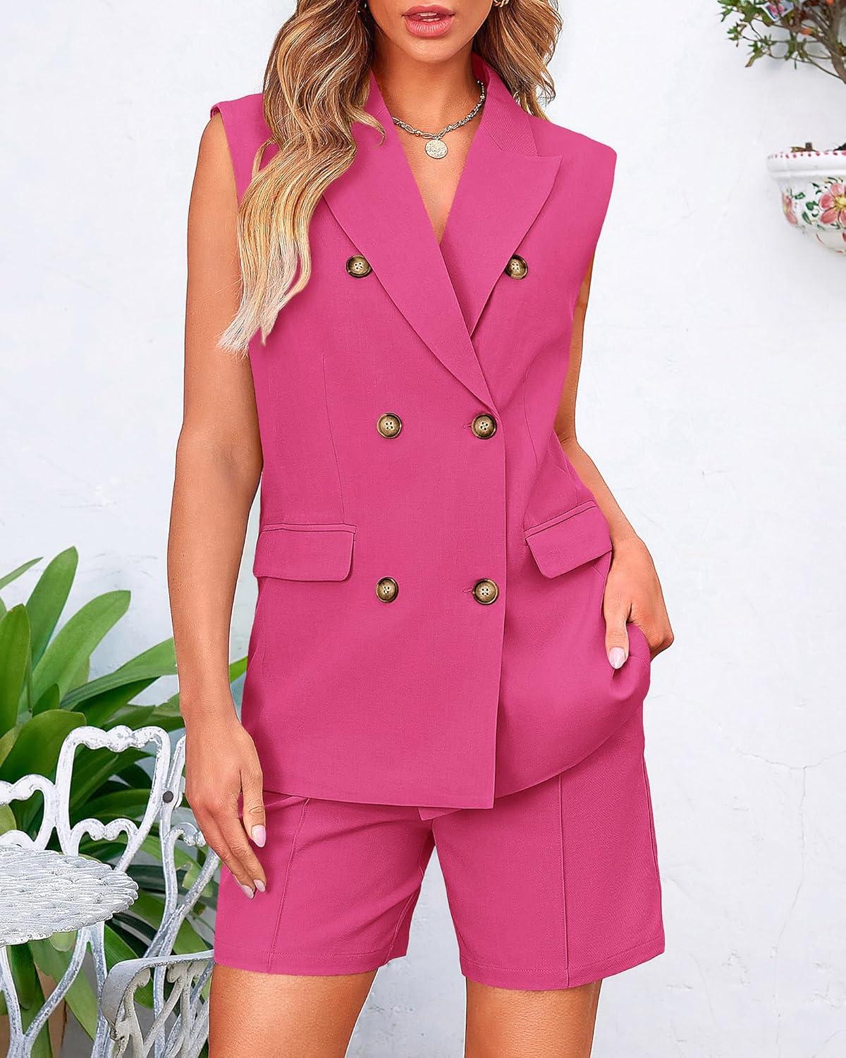 imageBTFBM 2 Piece Outfits For Women Summer 2025 Sleeveless Button Down Business Casual Vest Shorts Sets Work Clothes PocketsRose Red