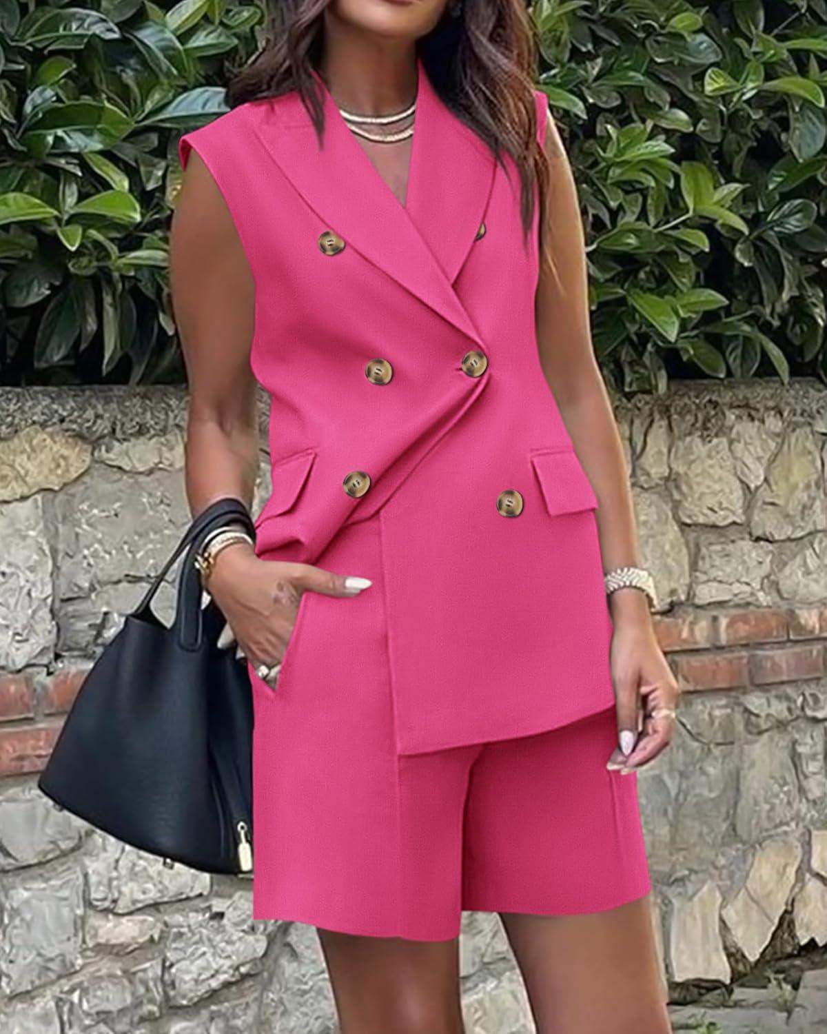 imageBTFBM 2 Piece Outfits For Women Summer 2025 Sleeveless Button Down Business Casual Vest Shorts Sets Work Clothes PocketsRose Red