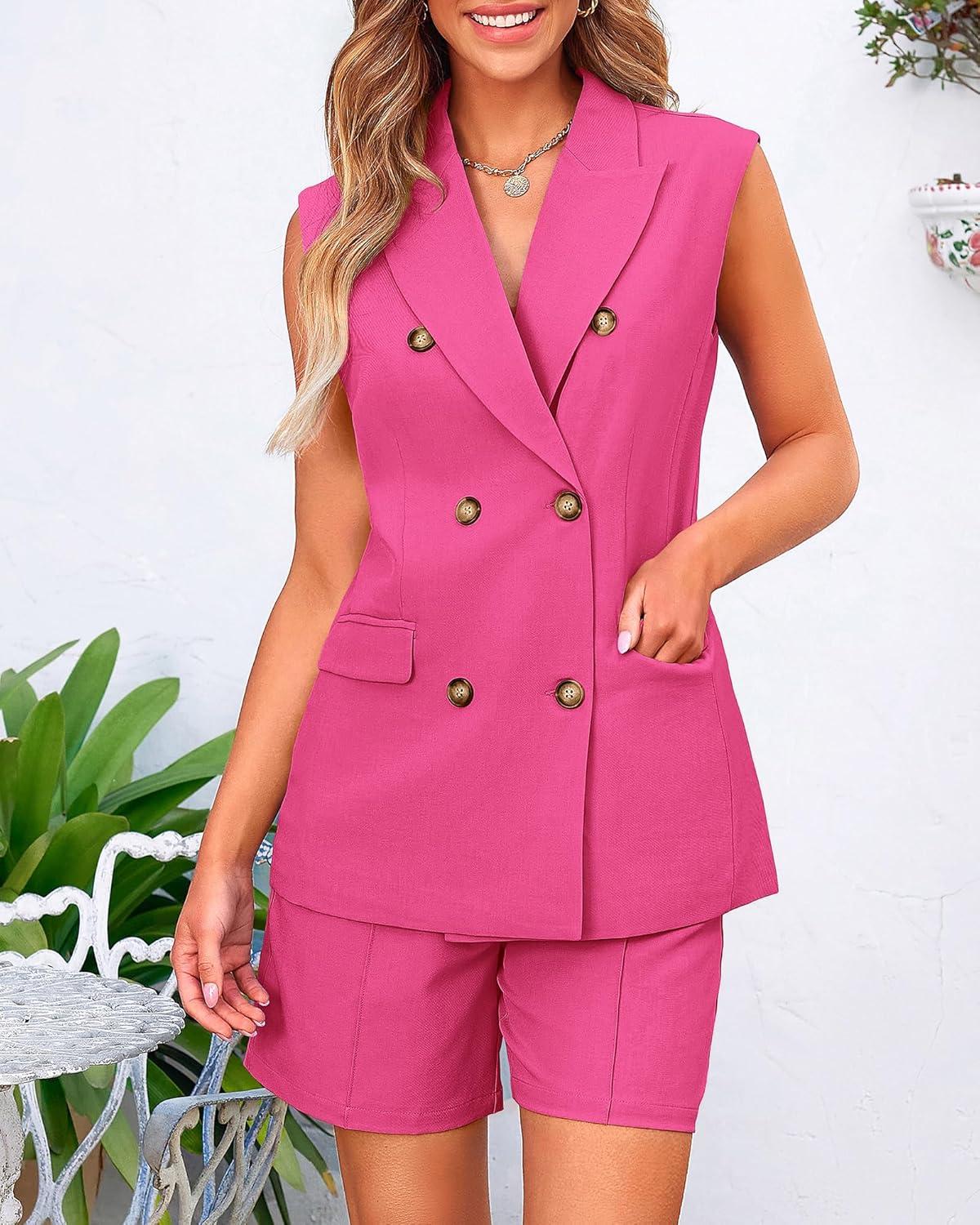 imageBTFBM 2 Piece Outfits For Women Summer 2025 Sleeveless Button Down Business Casual Vest Shorts Sets Work Clothes PocketsRose Red