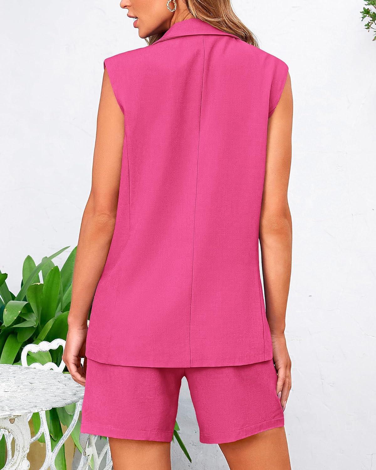 imageBTFBM 2 Piece Outfits For Women Summer 2025 Sleeveless Button Down Business Casual Vest Shorts Sets Work Clothes PocketsRose Red