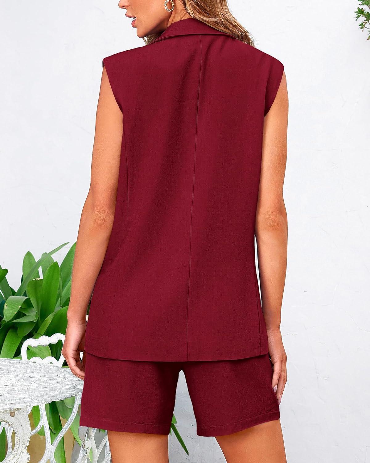 imageBTFBM 2 Piece Outfits For Women Summer 2025 Sleeveless Button Down Business Casual Vest Shorts Sets Work Clothes PocketsWine Red