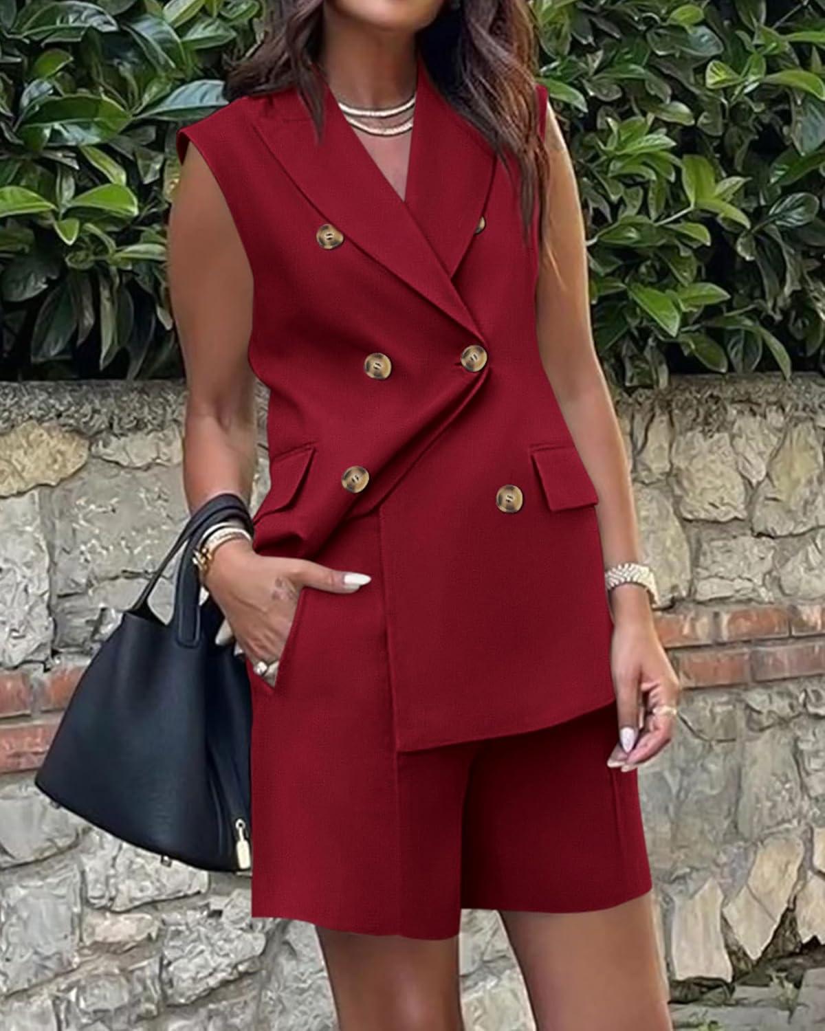 imageBTFBM 2 Piece Outfits For Women Summer 2025 Sleeveless Button Down Business Casual Vest Shorts Sets Work Clothes PocketsWine Red