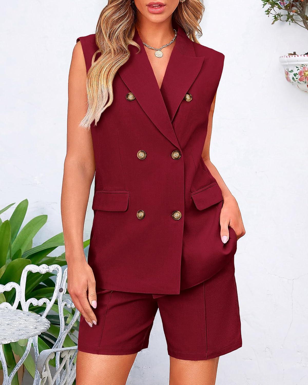 imageBTFBM 2 Piece Outfits For Women Summer 2025 Sleeveless Button Down Business Casual Vest Shorts Sets Work Clothes PocketsWine Red
