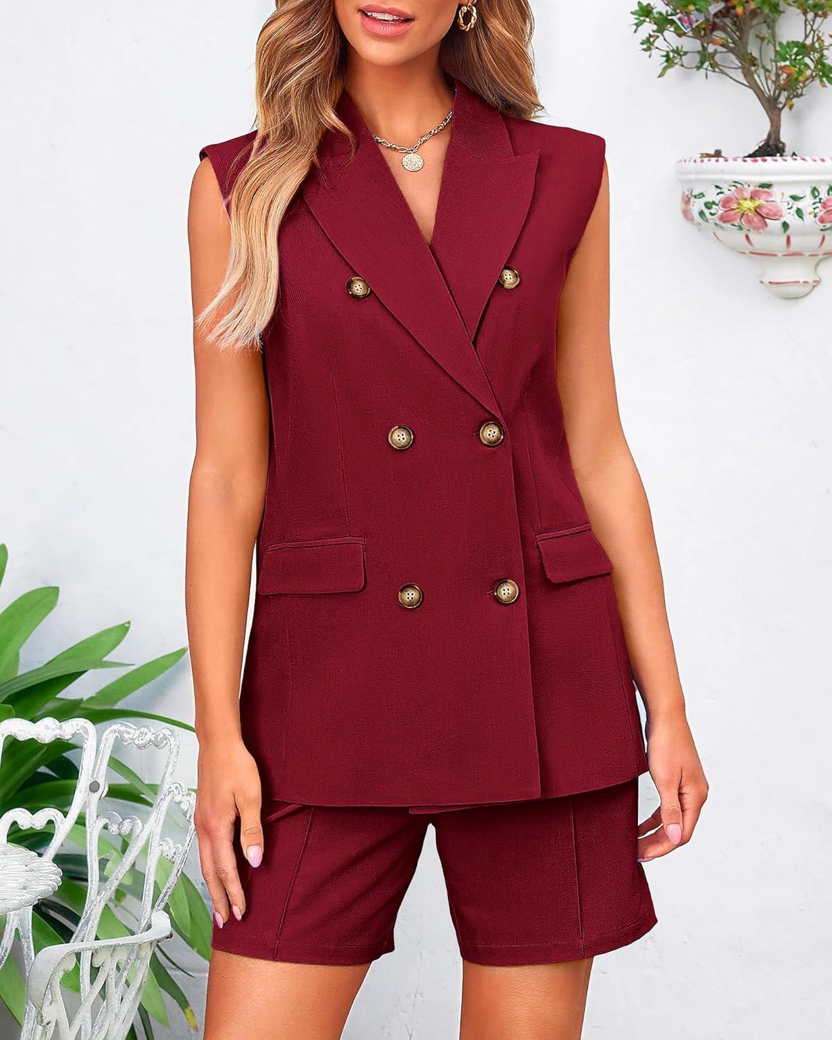 imageBTFBM 2 Piece Outfits For Women Summer 2025 Sleeveless Button Down Business Casual Vest Shorts Sets Work Clothes PocketsWine Red