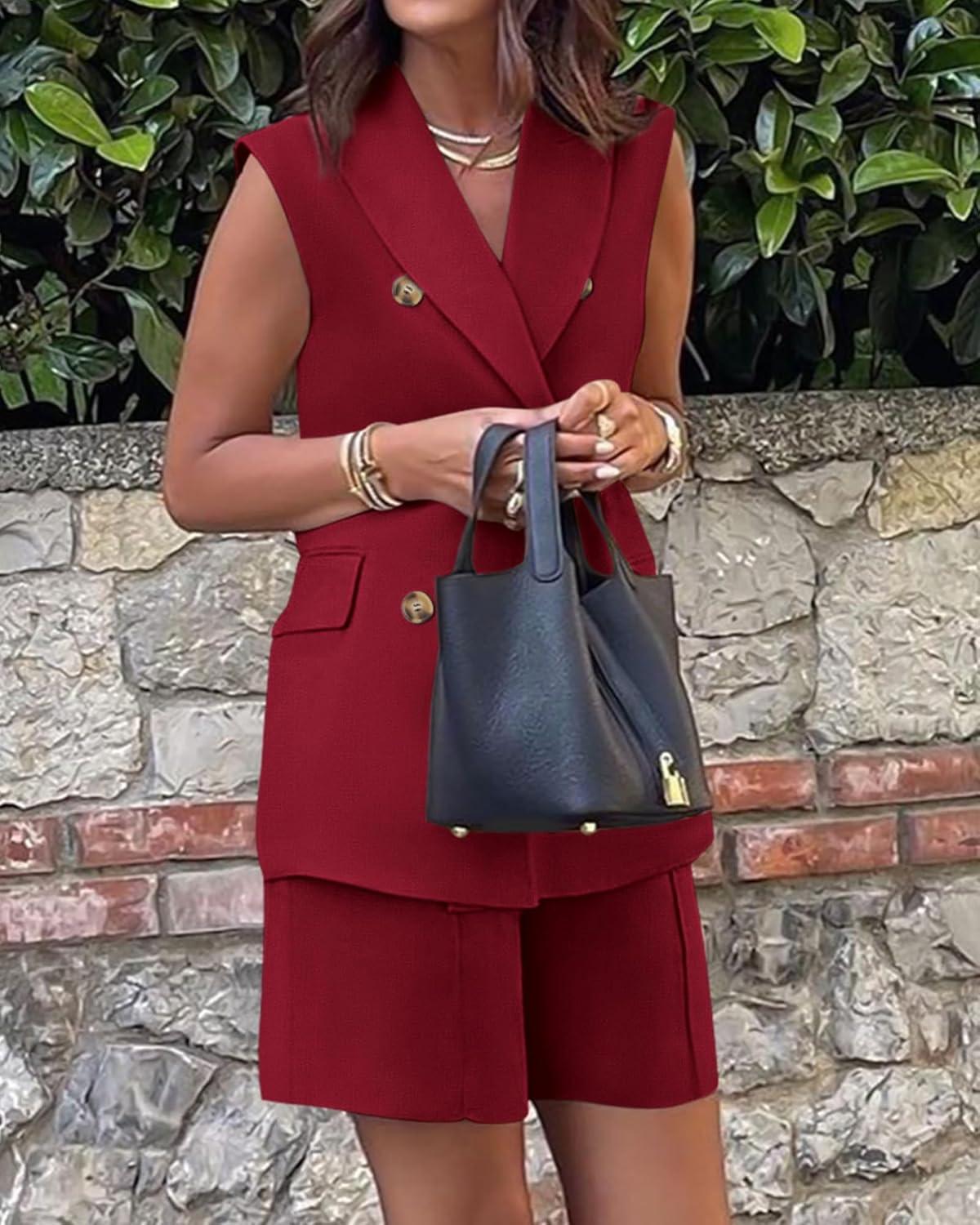 imageBTFBM 2 Piece Outfits For Women Summer 2025 Sleeveless Button Down Business Casual Vest Shorts Sets Work Clothes PocketsWine Red