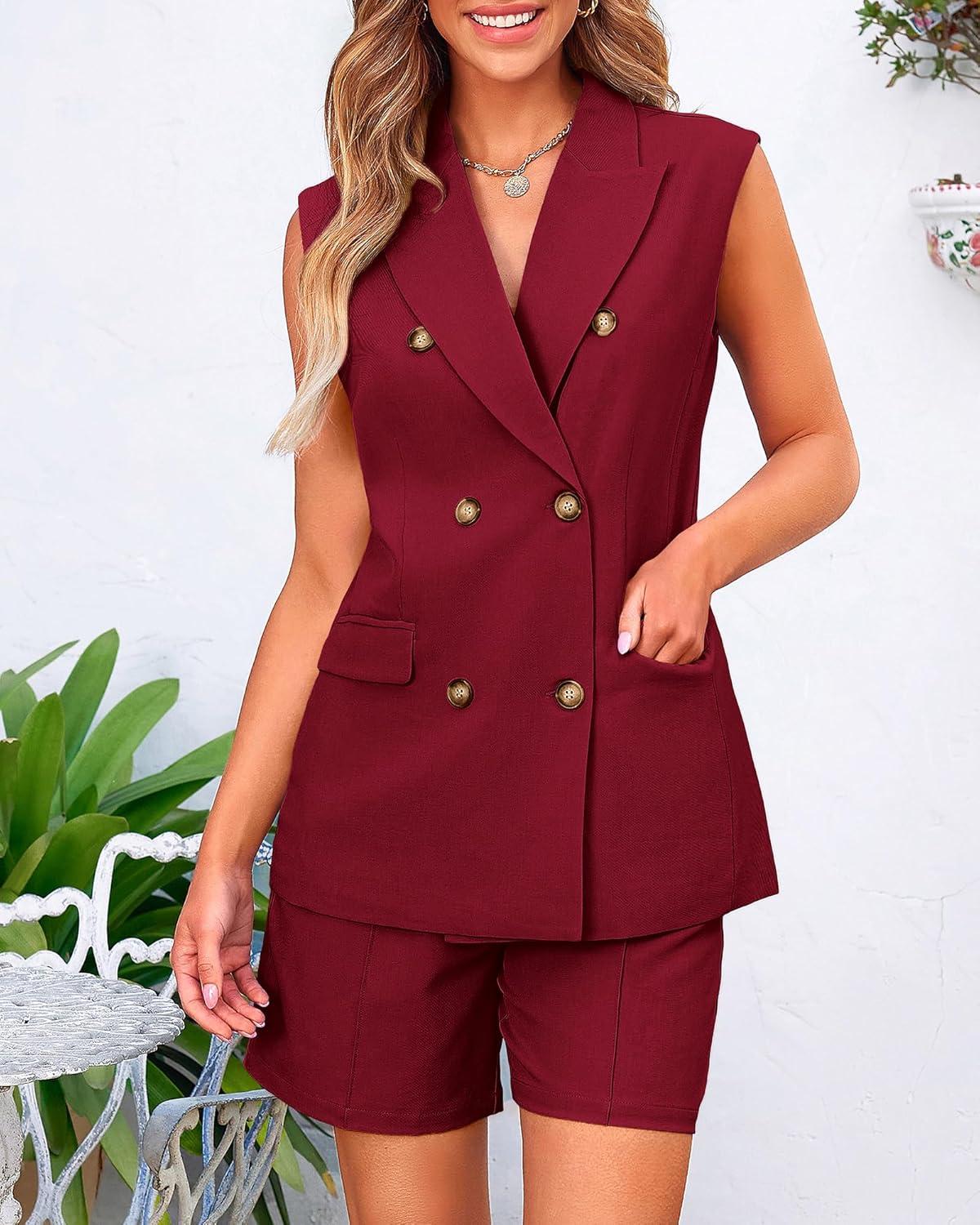 imageBTFBM 2 Piece Outfits For Women Summer 2025 Sleeveless Button Down Business Casual Vest Shorts Sets Work Clothes PocketsWine Red