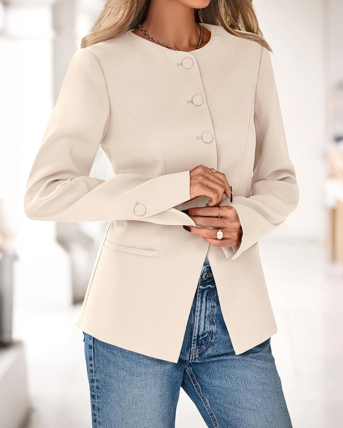 imageBTFBM Blazers for Women Business Casual Open Front Long Sleeve Button Work Office Suit Jackets Dressy Blazer PocketsBeige