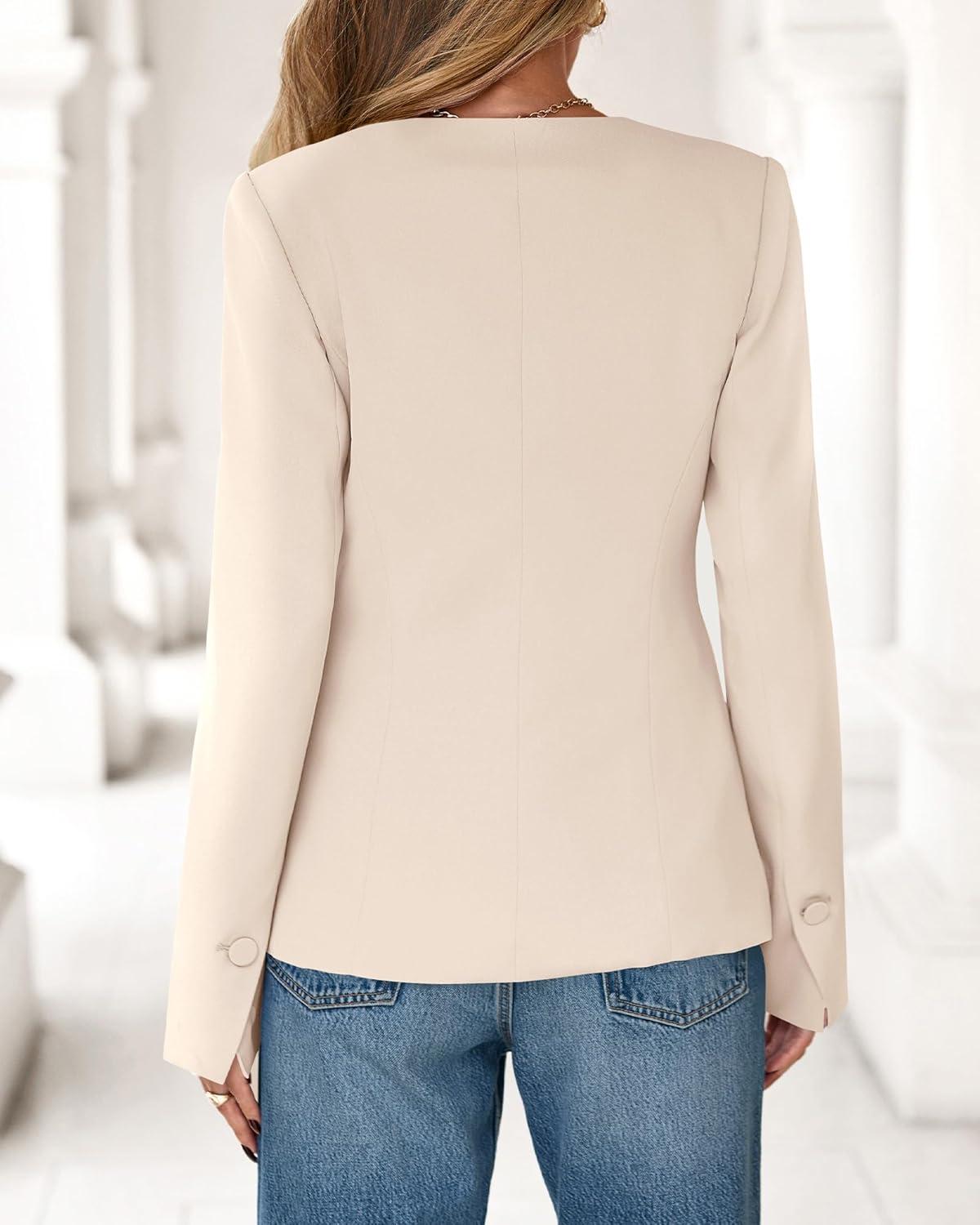 imageBTFBM Blazers for Women Business Casual Open Front Long Sleeve Button Work Office Suit Jackets Dressy Blazer PocketsBeige