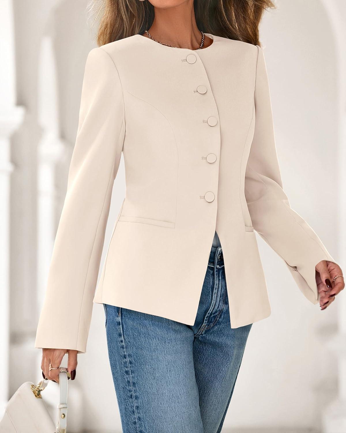 imageBTFBM Blazers for Women Business Casual Open Front Long Sleeve Button Work Office Suit Jackets Dressy Blazer PocketsBeige