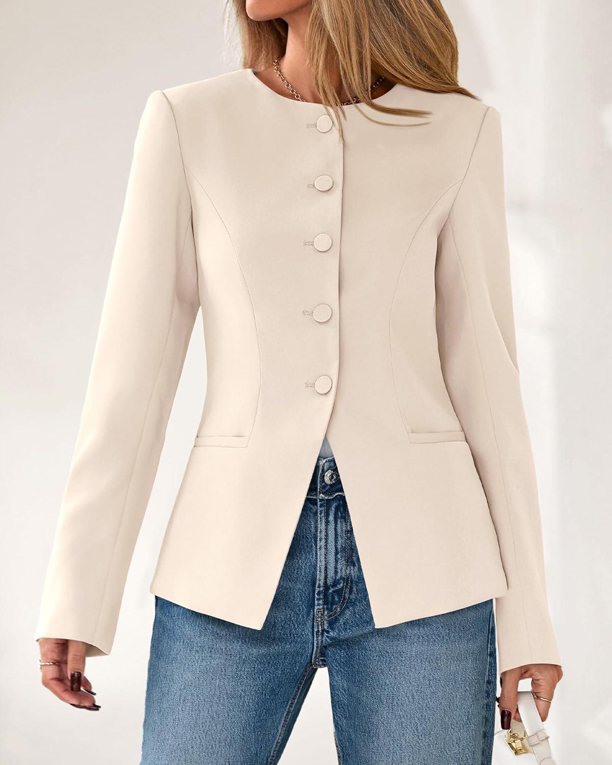 imageBTFBM Blazers for Women Business Casual Open Front Long Sleeve Button Work Office Suit Jackets Dressy Blazer PocketsBeige
