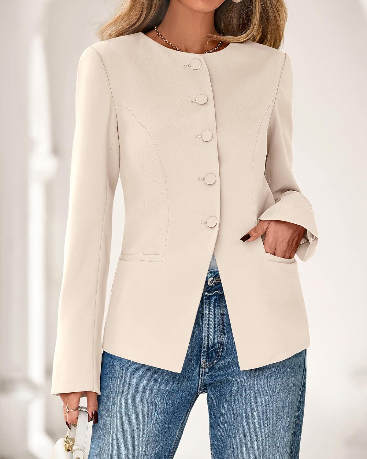 imageBTFBM Blazers for Women Business Casual Open Front Long Sleeve Button Work Office Suit Jackets Dressy Blazer PocketsBeige