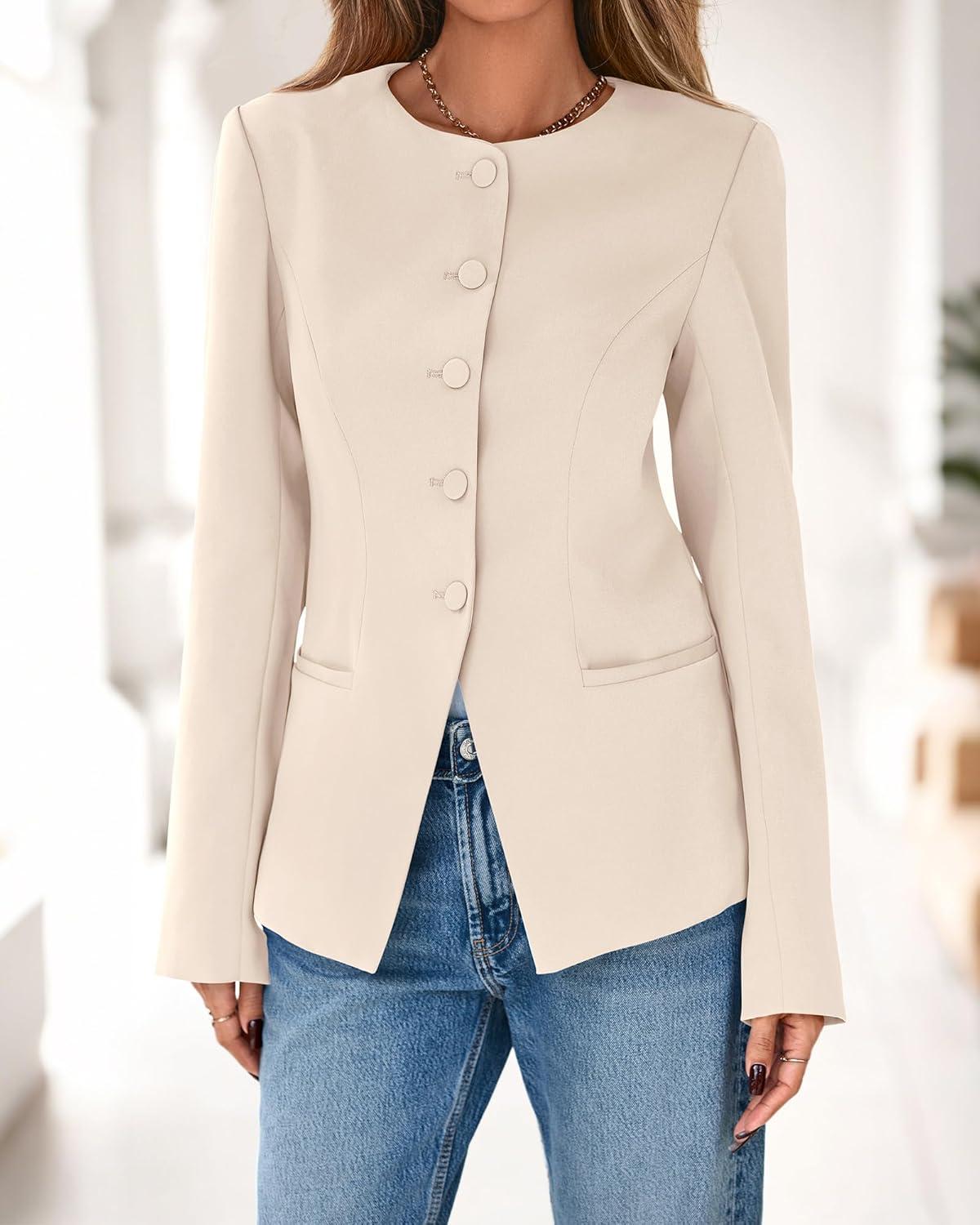 imageBTFBM Blazers for Women Business Casual Open Front Long Sleeve Button Work Office Suit Jackets Dressy Blazer PocketsBeige