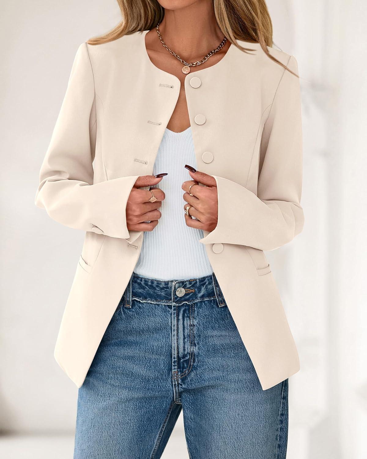 imageBTFBM Blazers for Women Business Casual Open Front Long Sleeve Button Work Office Suit Jackets Dressy Blazer PocketsBeige