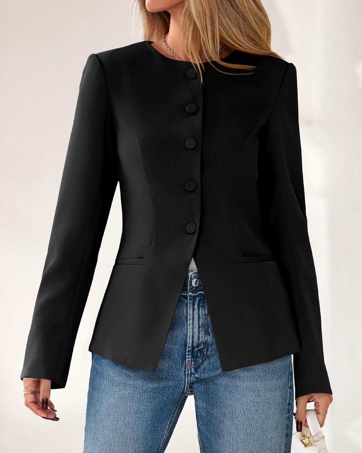 imageBTFBM Blazers for Women Business Casual Open Front Long Sleeve Button Work Office Suit Jackets Dressy Blazer PocketsBlack
