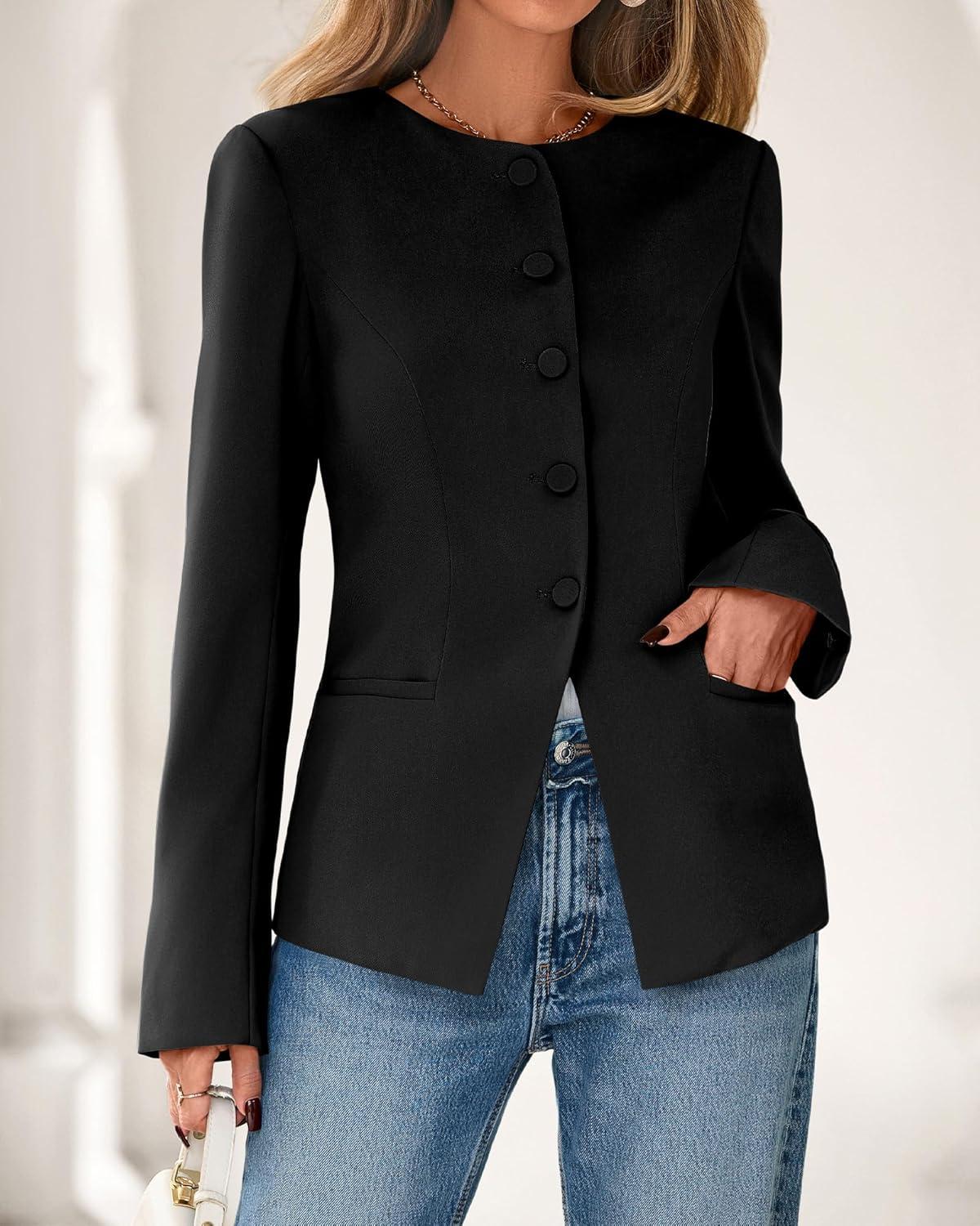 imageBTFBM Blazers for Women Business Casual Open Front Long Sleeve Button Work Office Suit Jackets Dressy Blazer PocketsBlack