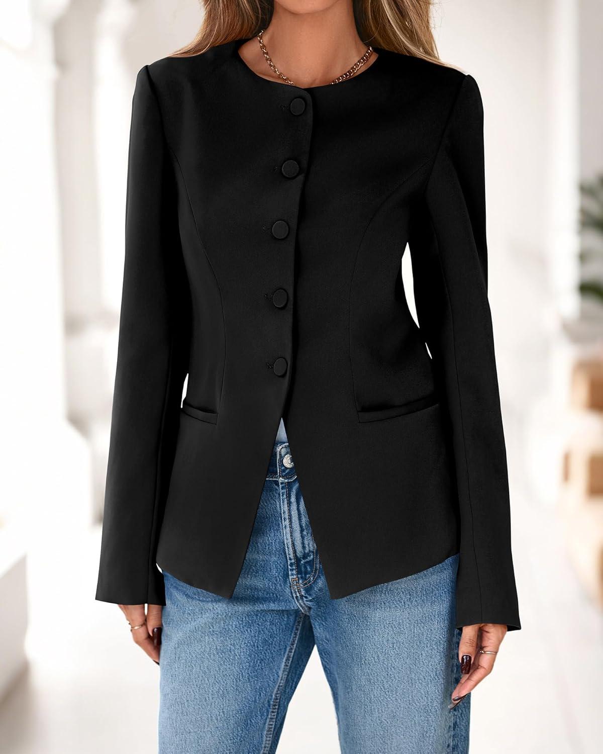 imageBTFBM Blazers for Women Business Casual Open Front Long Sleeve Button Work Office Suit Jackets Dressy Blazer PocketsBlack