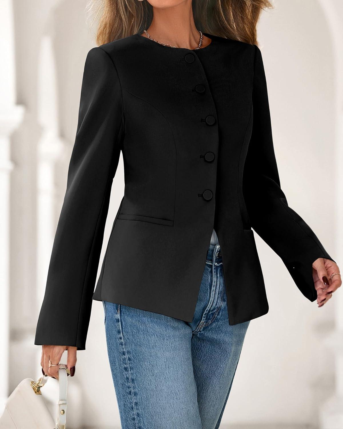 imageBTFBM Blazers for Women Business Casual Open Front Long Sleeve Button Work Office Suit Jackets Dressy Blazer PocketsBlack