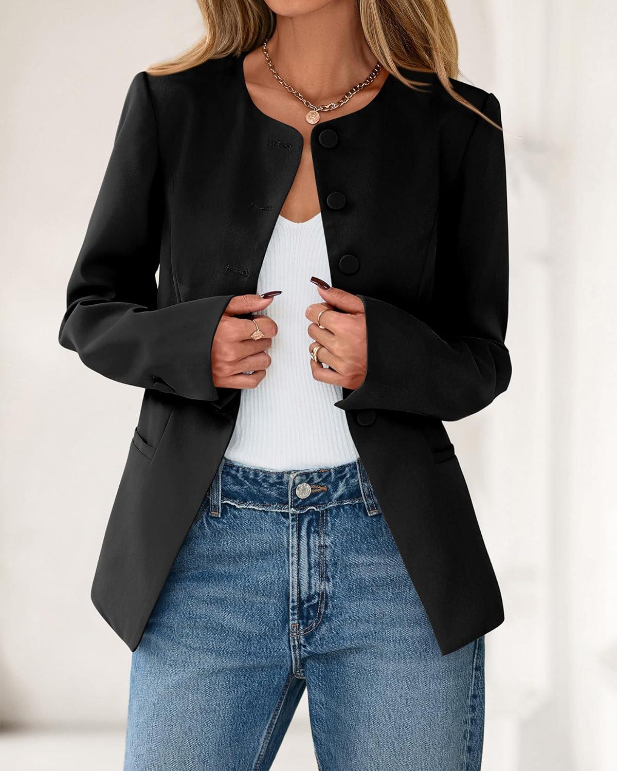 imageBTFBM Blazers for Women Business Casual Open Front Long Sleeve Button Work Office Suit Jackets Dressy Blazer PocketsBlack