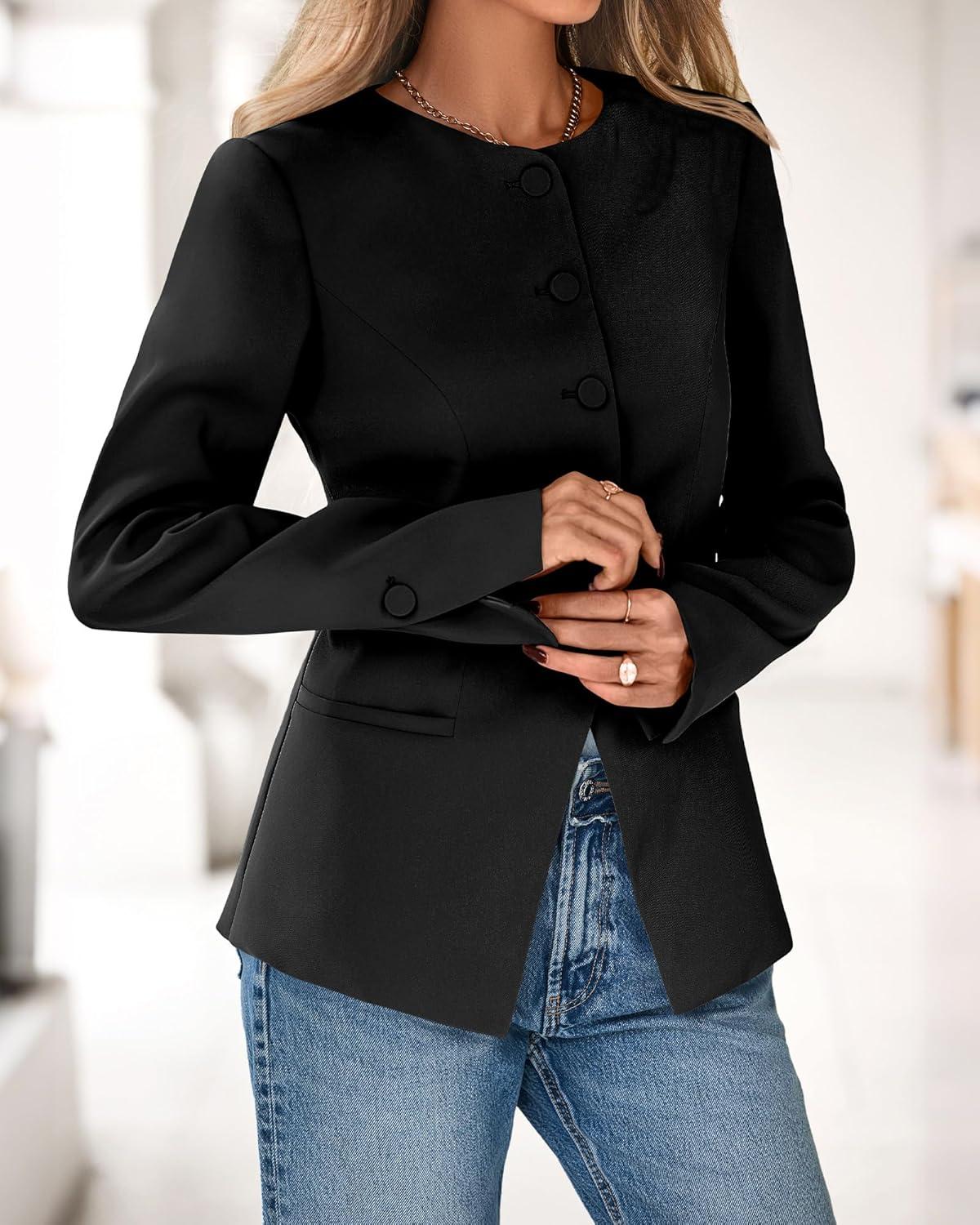 imageBTFBM Blazers for Women Business Casual Open Front Long Sleeve Button Work Office Suit Jackets Dressy Blazer PocketsBlack