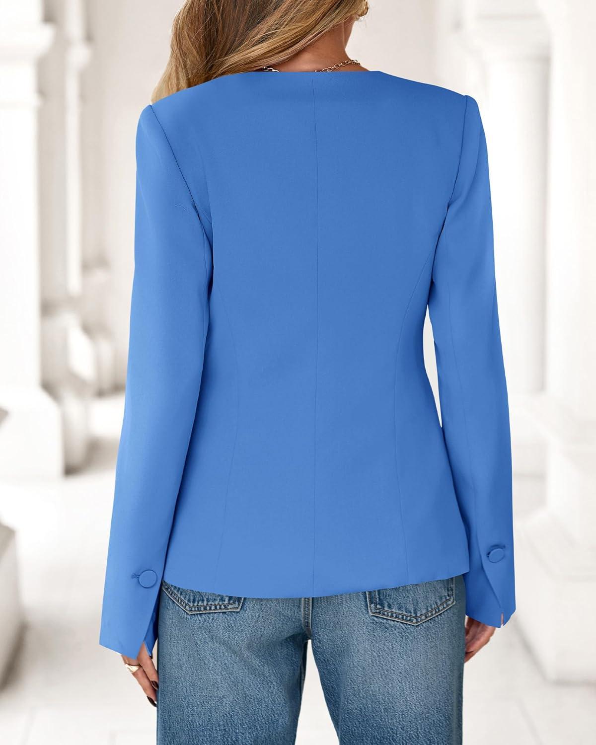 imageBTFBM Blazers for Women Business Casual Open Front Long Sleeve Button Work Office Suit Jackets Dressy Blazer PocketsBlue