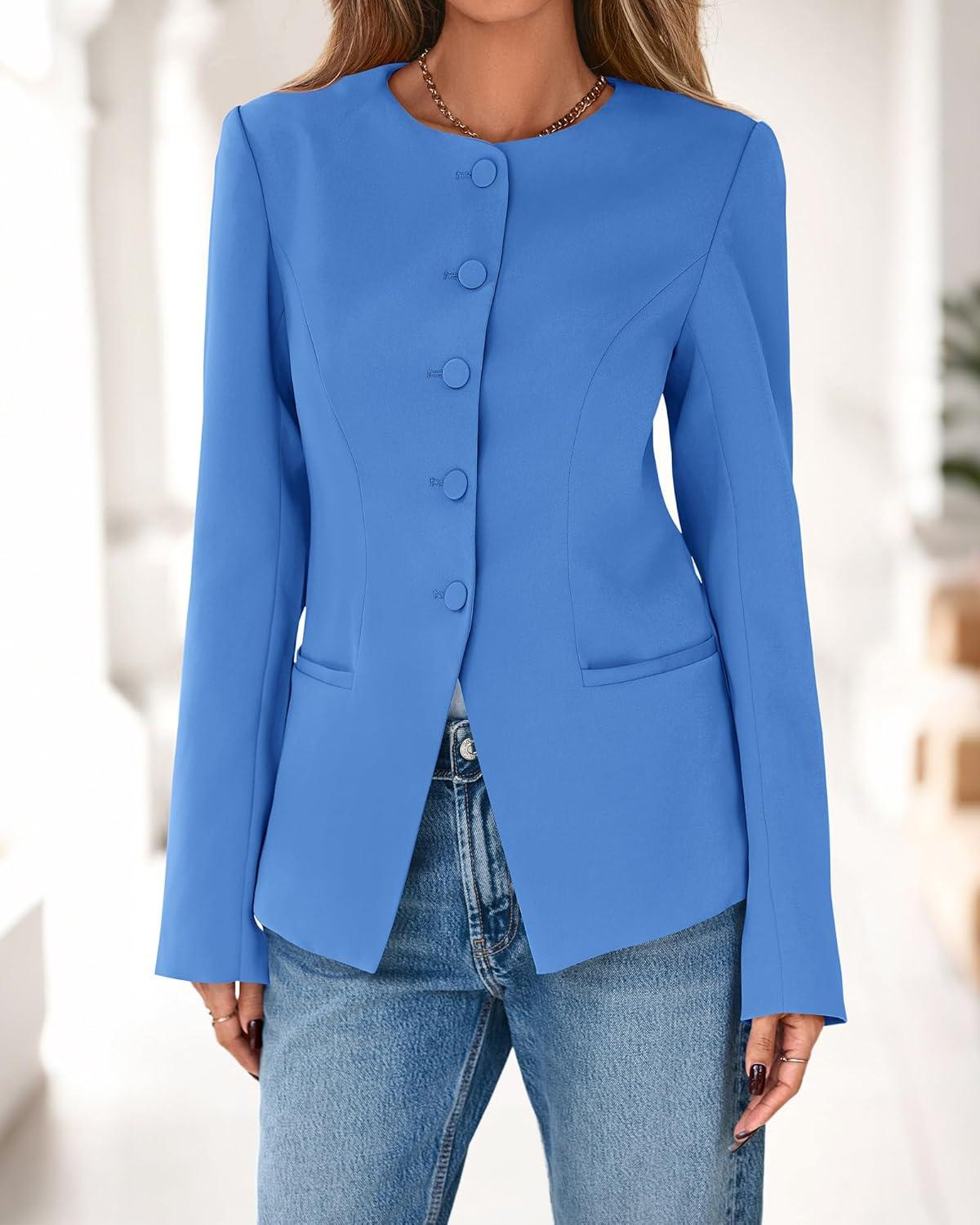 imageBTFBM Blazers for Women Business Casual Open Front Long Sleeve Button Work Office Suit Jackets Dressy Blazer PocketsBlue