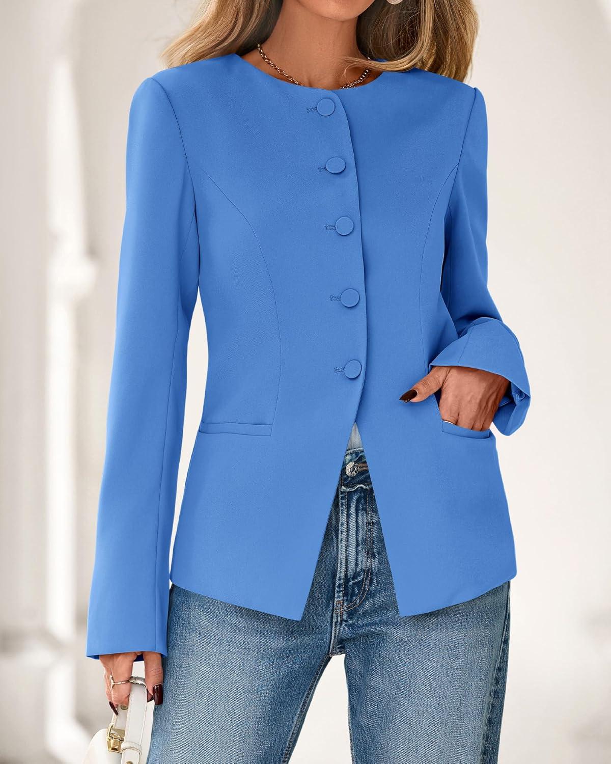 imageBTFBM Blazers for Women Business Casual Open Front Long Sleeve Button Work Office Suit Jackets Dressy Blazer PocketsBlue