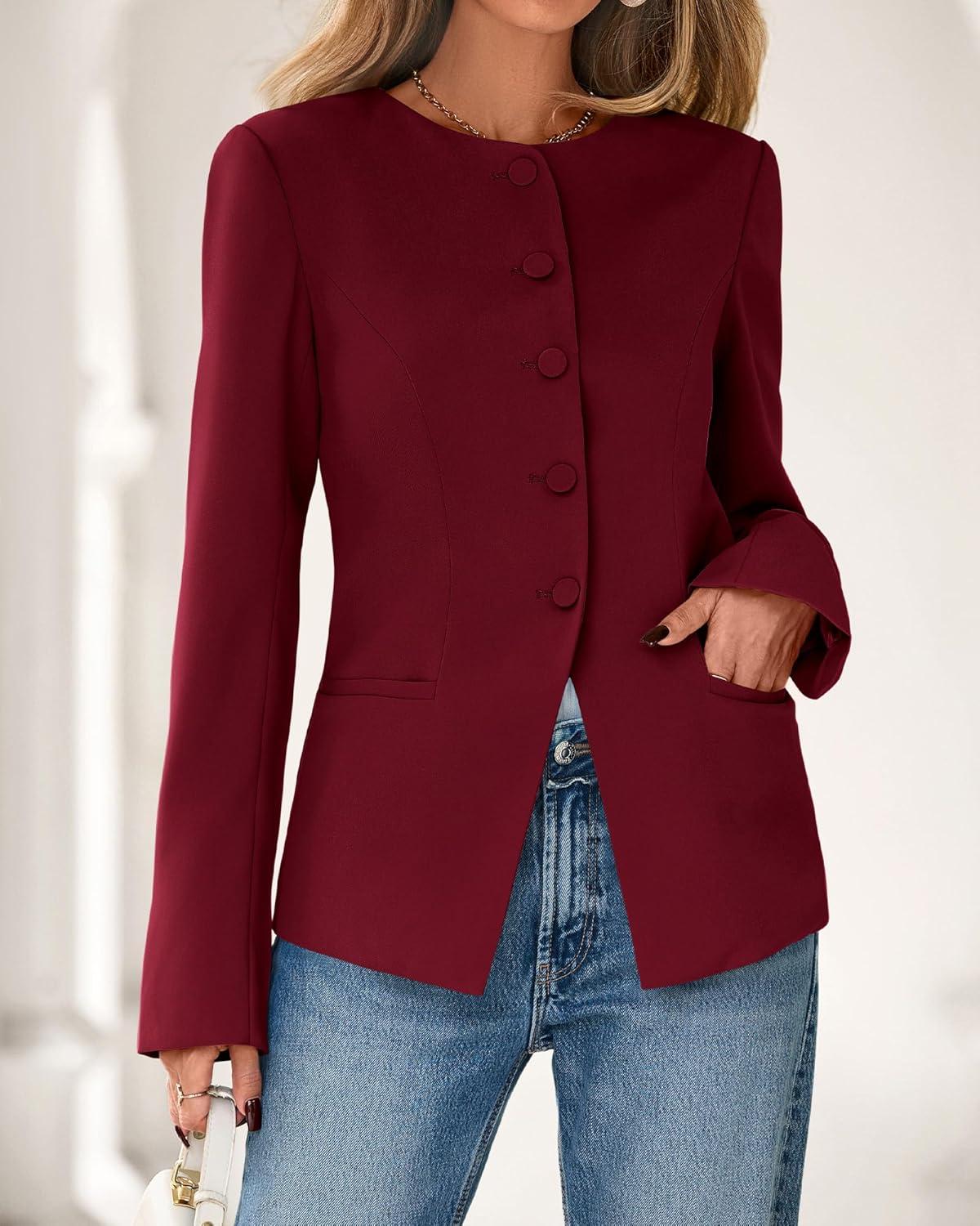 imageBTFBM Blazers for Women Business Casual Open Front Long Sleeve Button Work Office Suit Jackets Dressy Blazer PocketsBurgundy