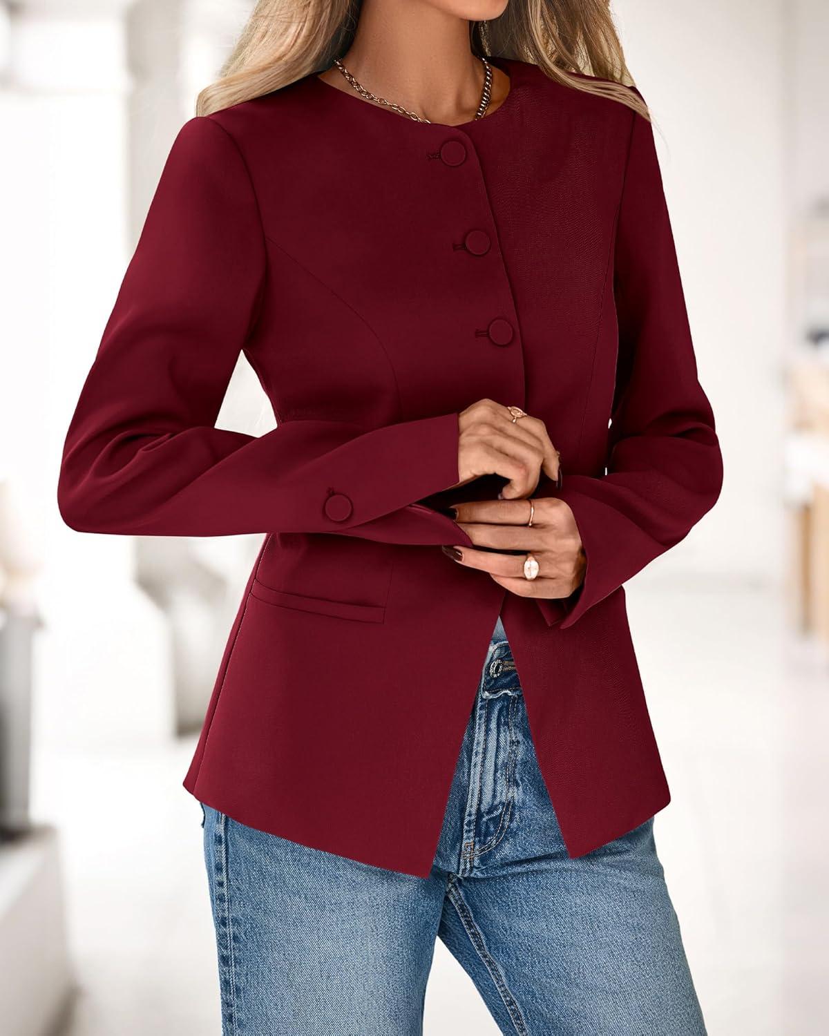 imageBTFBM Blazers for Women Business Casual Open Front Long Sleeve Button Work Office Suit Jackets Dressy Blazer PocketsBurgundy